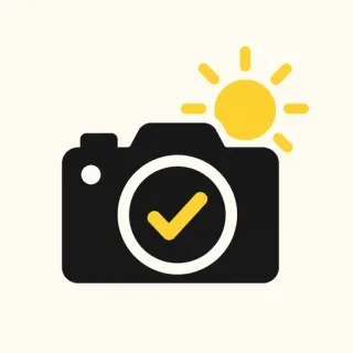 Icône représentant un appareil photo, une lumière naturelle et une validation