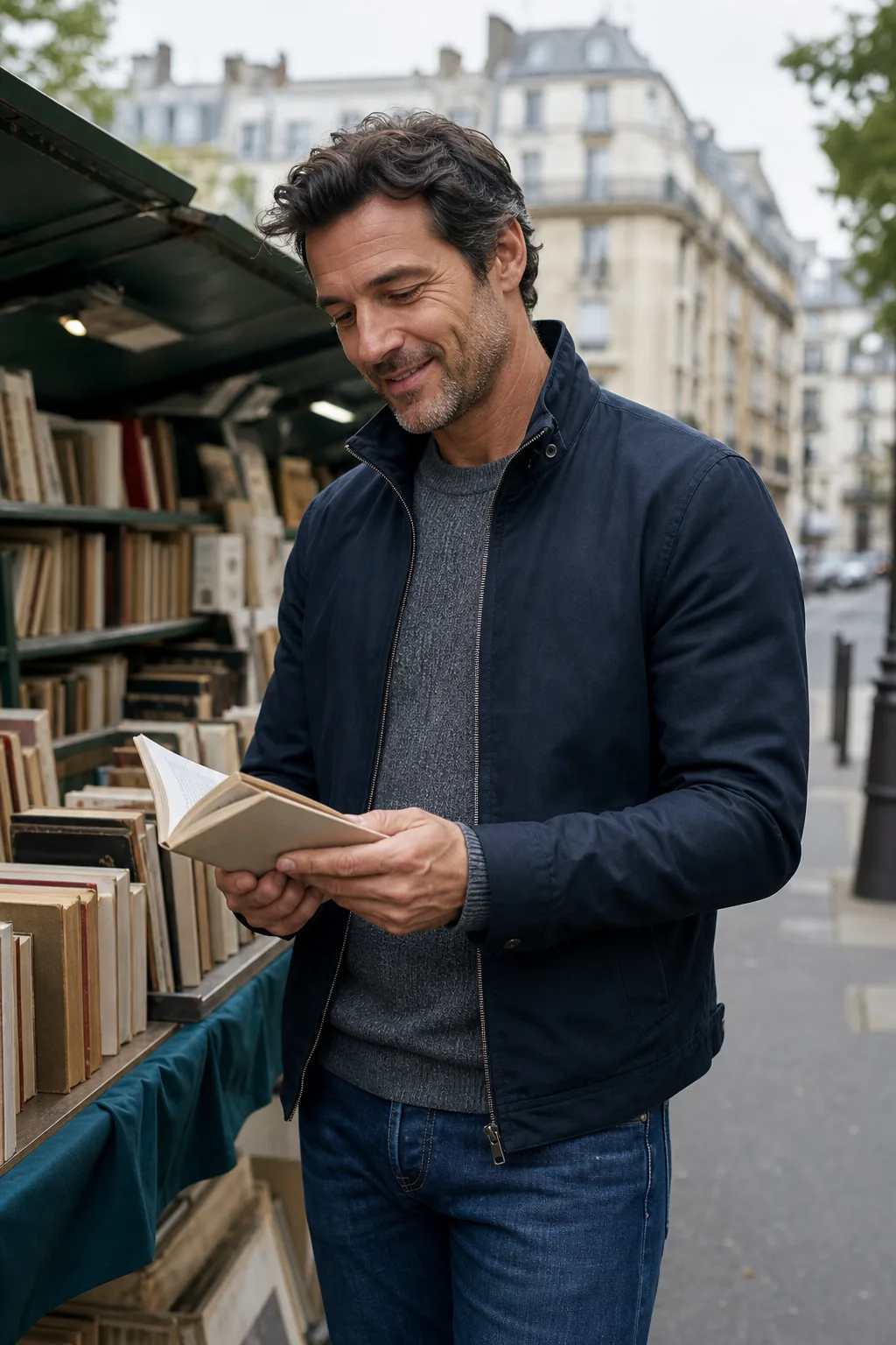 Père célibataire adulte photographié seul devant un étal de livres