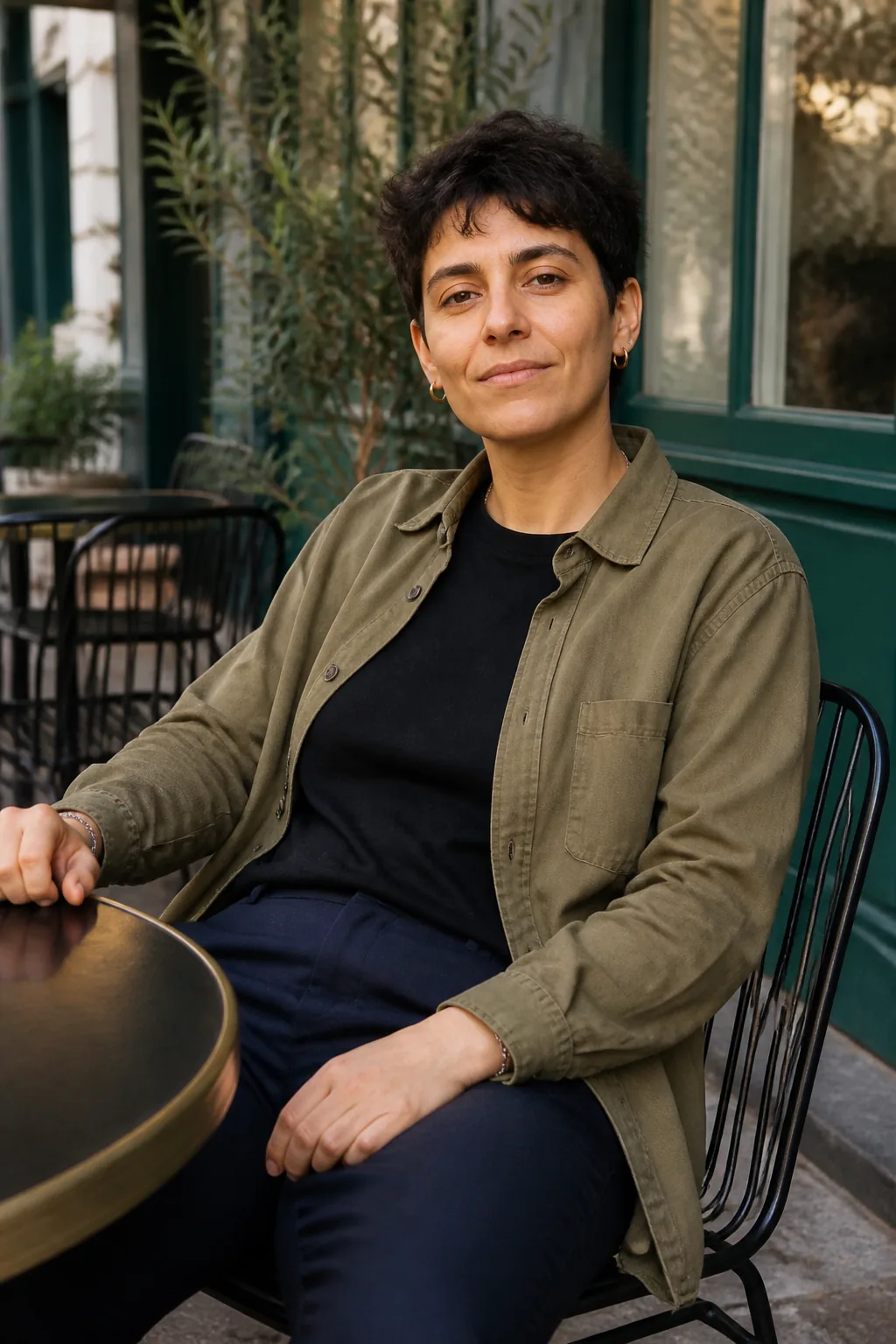 Personne adulte seule à une terrasse, dans une tenue quotidienne qui lui ressemble