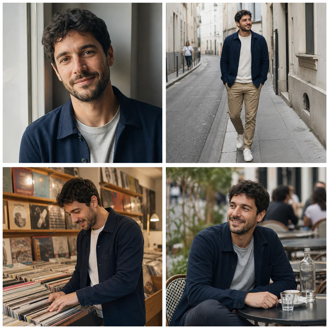 Même homme présenté dans un portrait, une photo de tenue, une activité et une scène lifestyle